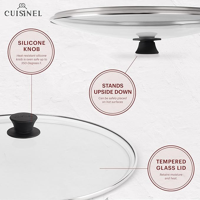 Cuisinel 15" Large Cast Iron Skillet + Glass Lid + Black Chainmail Scrubber - Dual Handle Braiser Frying Pan + Silicone Handle Covers - Pre-Seasoned Oven, Grill, Stovetop, Fire Indoor/Outdoor Cookware