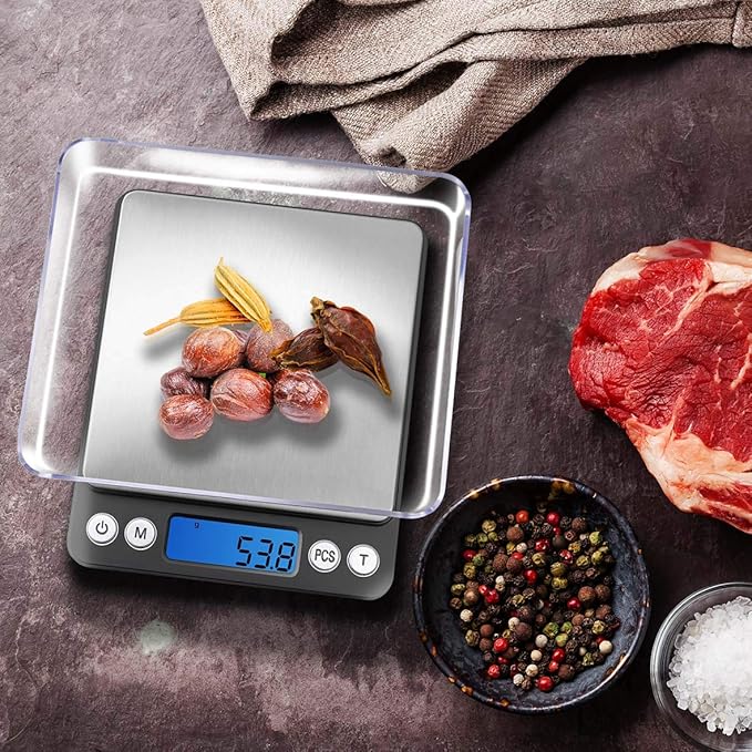 Fuzion Digital Kitchen Scale 3000g/ 0.1g, Pocket Food Scale 6 Units Conversion, Gram Scale with 2 Trays, LCD, Tare Function, Reptile Scale, Herb Scale(Battery Included)