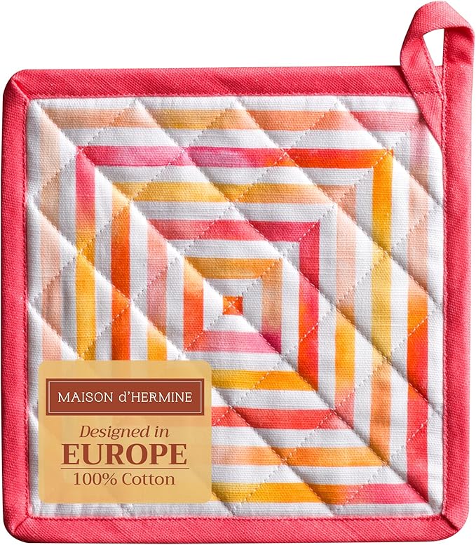 Maison d' Hermine Pot Holders 100% Cotton Heat Resistant Potholders 8" x 8" Hot Pads with Loop BBQ, Cooking, Baking, Grilling, Kitchen, Handling Hot Pans Spring/Summer (Pack of 1, Summer Maze)