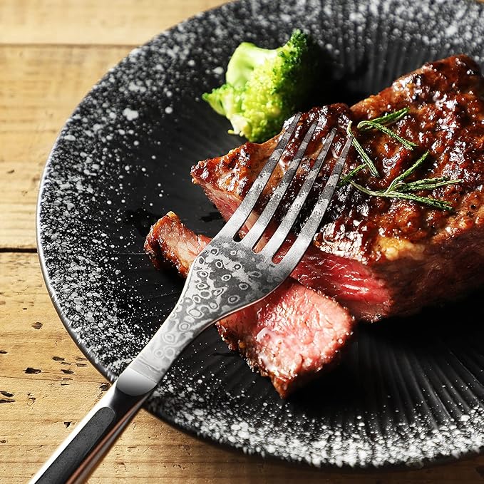 Sunnecko Damascus Steak Knife Set Non Serrated, Japanese VG10 Stainless Steel Steak Knife and Fork Set of 2, 5 Inch Steak Knives G10 Handle with Gift Box