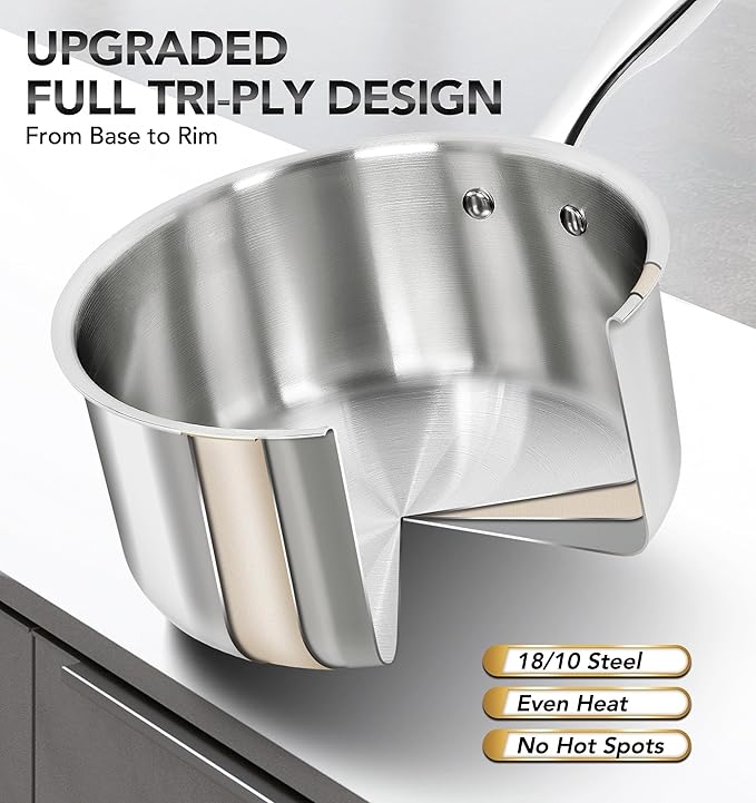 MICHELANGELO 1Qt & 2Qt Tri-ply Stainless Steel Saucepan Set, Small Cooking Pots with Tempered Glass Lids, Induction Ready, Oven & Dishwasher Safe, Multipurpose Sauce Pans for Home Kitchen & Restaurant