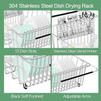 Large Dish Drainer Rack in Sink Adjustable, Expandable 304 Stainless Steel Metal Dish Drying Rack Organizer with Stainless Steel Utensil Holder Over Inside Sink Counter, Rustproof