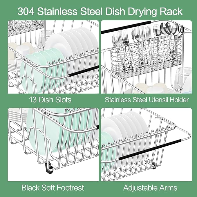 Large Dish Drainer Rack in Sink Adjustable, Expandable 304 Stainless Steel Metal Dish Drying Rack Organizer with Stainless Steel Utensil Holder Over Inside Sink Counter, Rustproof