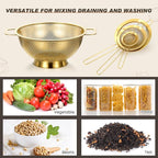 Norme 3 Quart Stainless Steel Gold Colander Gold Fine Mesh Strainer, Stainless Steel Pasta Rice Food Metal Strainer with Handles, Easy Clean and Dishwasher Safe