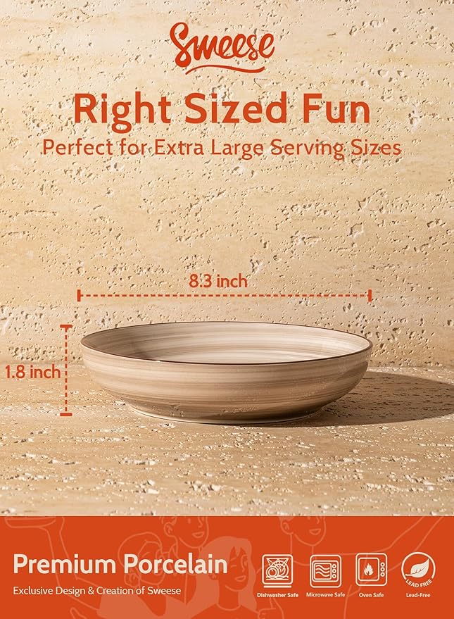 Sweese 6-Pack Ceramic Pasta Bowls, Neutral Extra Large 30 Fl Oz Durable Professional Grade
