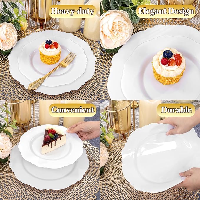 WDF 60pcs White Plastic Dessert Plates -7.5inch Baroque White Disposable Appetizer/Small Cake/Salad Plates- for Upscale Parties & Wedding