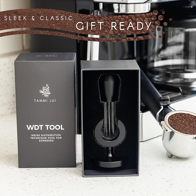 WDT Tool Espresso with Magnetic Mount for easy, clutter-free storage. 8 Needle Espresso Distribution Tool in sleek aluminum. WDT Espresso Distributor comes in a Gift Ready Box.