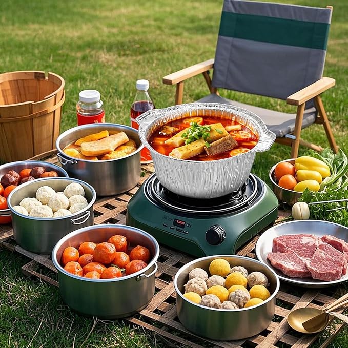 Frcctre 10 Pcs Disposable Aluminum Pot with LidS, Disposable 2 Liter Round Aluminum Foil Pan Food Container for Camping Vacation Trips Picnic Heating Cooking