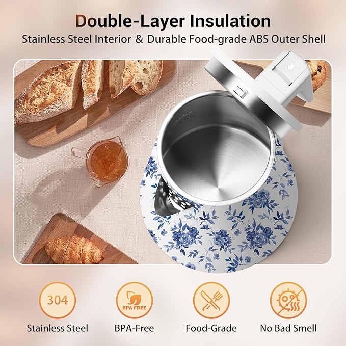 1.2L Double Wall Stainless Steel Interior Water Boiler, Cordless, 1000W Fast Boil with LED Light Coffee Pot & Tea Electric Kettle, Auto Shut-Off and Boil-Dry Protection (Black)