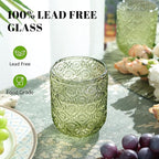 Joeyan Small Green Drinking Glasses,Vintage Embossed Floral Water Glass Tumbler Cups,Colored Beverages Cocktail Juice Wine Glassware,9 oz,Set of 4,Dishwasher Safe