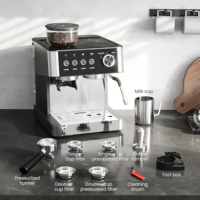 Kismile 15 Bar Espresso Machines with Grinder, Professional Espresso Maker with Removable Water Tank, Milk Frother Steam Wand for Latte&Cappuccino,Hot Water Function for Home (Black)