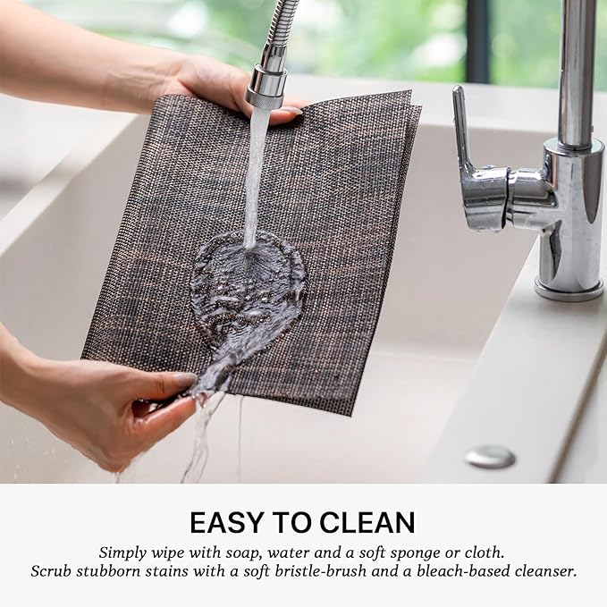 LEXMORE Placemats Set of 6 Vinyl/Plastic Woven Place Mats for Kitchen Table Indoor/Outdoor Washable Placemat Wipeable Dining Table Mats(Black/Brown)