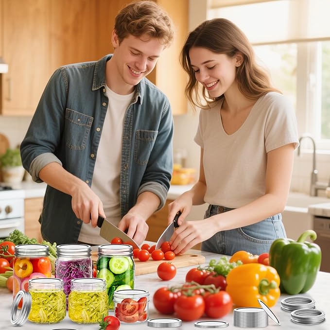 Aliggbent Canning Lids 200 PCS Mason Canning Jar Lids 70MM Regular Mouth Reusable Leak Proof Split Type Lids Food Grade and Anti-Rust Silver Jar Secure Caps and Bands with Silicone Seals Ring