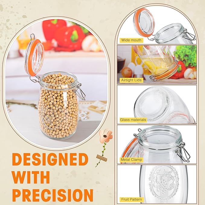 Wide Mouth Mason Jars 32 oz, 6 Pack Glass Canning Jars with Airtight Lid, Large Clear Canister Quart Jars for Pickling Flour Salad Jam Jelly Coffee Sugar Beans Kitchen Storage (6 Pack 32OZ)