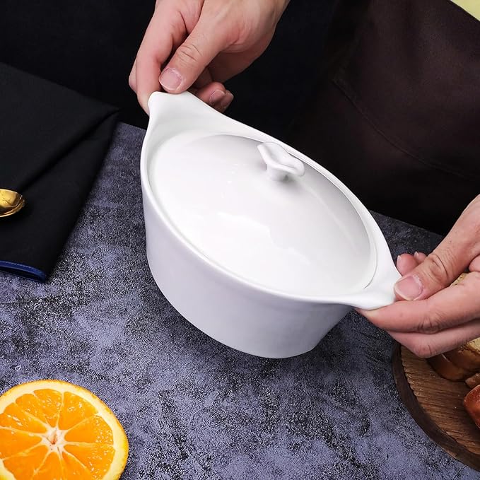 7" x 6" Ceramic Oval Casserole Dish with Lids, 30 Oz White French Serving Soup Tureens, Baking Dish with Handle 9.4 IN, for Casseroles, Cookware Set, Microwave, Oven Safe