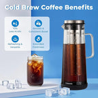 BrewMOO- Airtight Cold Brew Coffee Maker Pitcher, 1.4L/48Oz Thick Glass Carafe with Filter, Comfort Sturdy Handle & Wide Spout, Non-Slip Base | Iced Tea Maker (Black)