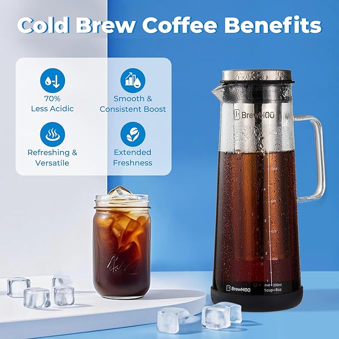 BrewMOO- Airtight Cold Brew Coffee Maker Pitcher, 1.4L/48Oz Thick Glass Carafe with Filter, Comfort Sturdy Handle & Wide Spout, Non-Slip Base | Iced Tea Maker (Black)