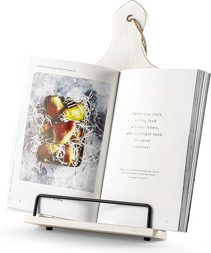 Cookbook Stand, Rustic Wood Cookbook Holder Cutting Board Style, Adjustable Recipe Ipad Tablet Book Holder and Stand for Kitchen with Anti-Slip Kickstand (White)