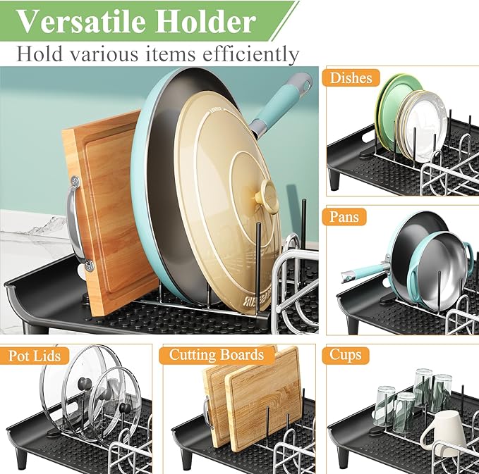SNTD Dish Drying Rack - Expandable Dish Rack for Kitchen Counter, Large Dish Drainer with Pan Holder, Dish Strainer with Drainboard Cup Holder and Utensil Holder, Black