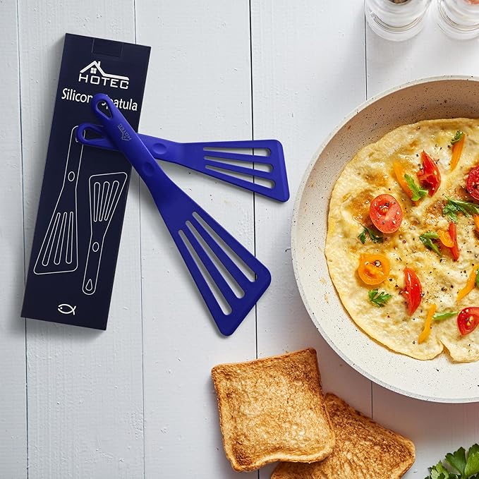 HOTEC 600℉ Heat Resistant Silicone Slotted Fish Turner Spatula Set, BPA Free Kitchen Cooking Spatulas, for Non Stick Cookware Dishwasher Safe Classic Blue, set of 2