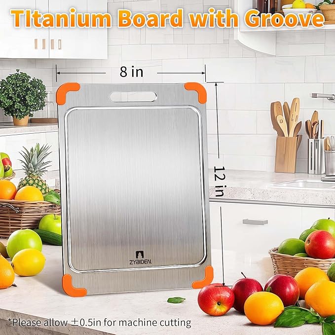 100% Pure Titanium Cutting Board with Grooves, Update Double Side Titanium Chopping Board, Silicone Anti-slip Stainless Cutting Boards for Kitchen 8 * 12 IN, Orange