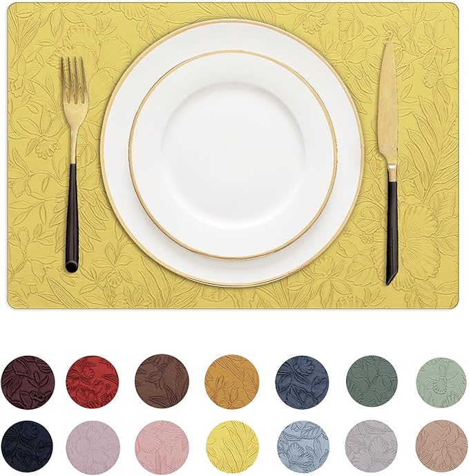 Romanstile Vinyl Placemats Set of 4-12 X 18 Inch - Heat Resistant Non-Slip Embossed Floral Place Mats 100% Waterproof Oilproof Wipeable Faux Leather Table Mats for Kitchen/Dining/Party, Yellow