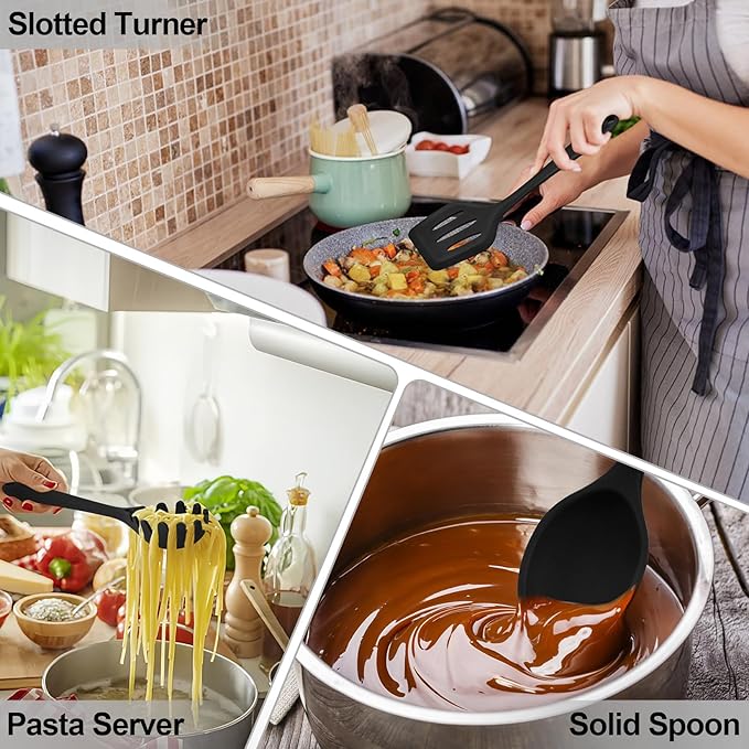 TeamFar Silicone Cooking Utensils Set of 6, Heat Resistant Kitchen Utensils, Spatula Ladle Spoon Pasta Server for Non-stick Cookware, Non-Toxic & One-Piece, Non-Scratch & Dishwasher Safe, Black