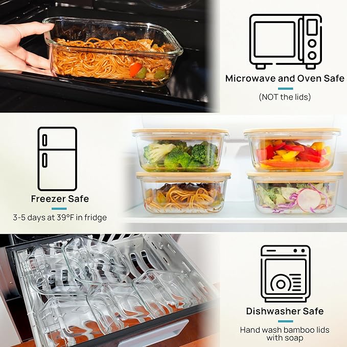 Vtopmart 5 Pack 35oz Glass Containers with Bamboo Lids, Meal Prep Food Storage Containers, BPA Free, Microwave & Dishwasher Safe