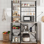 Bakers Rack with Power Outlet, 7-Tier Microwave Stand with Wire Basket, Coffee Bar with 4 s-Shaped Hooks, Kitchen Open Storage Shelf Rack for Spices, Pots, Gray