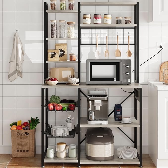 Bakers Rack with Power Outlet, 7-Tier Microwave Stand with Wire Basket, Coffee Bar with 4 s-Shaped Hooks, Kitchen Open Storage Shelf Rack for Spices, Pots, Gray