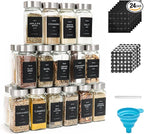 24 Pcs Glass Spice Jars with Label, 4oz Spice Jars with Lids, Seasoning containers Set, Comes with spice bottle caps, Silicone Collapsible Funnel,chalk, for Spice Rack, Cabinet, Drawer