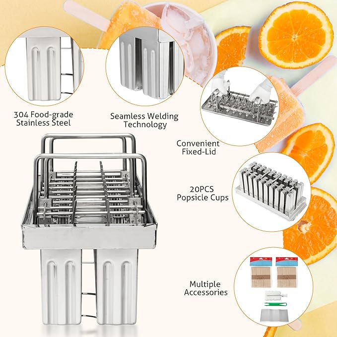 WICHEMI Stainless Steel Popsicle Molds Commercial Ice Pop Molds 20PCS Ice Lolly Popsicle Mould Ice Cream Maker Mold Stick Holder with Lid Single Cup Capacity 85g