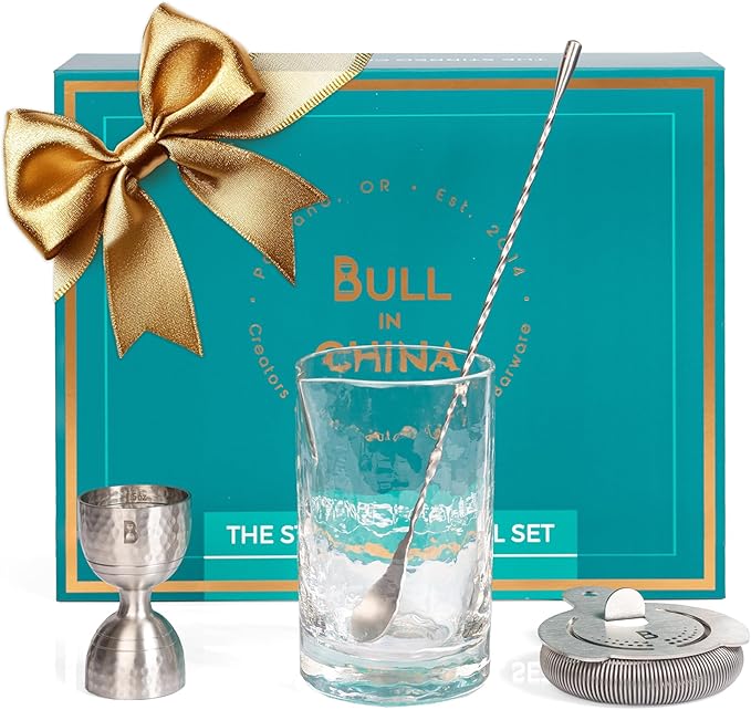 4 Piece Cocktail Kit by Bull In China - Premium Bartender Gift Set Includes Flagship Mixing Glass, 12 inch Barspoon, Bell Jigger & Hawthorne Strainer For Professional & Home Bars (Stainless Steel)