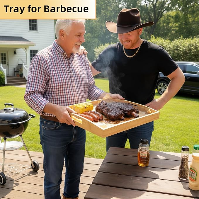 Bamboo Serving Tray with Handles Set of 2, Elegant Wood Tray for Serving Food, Coffee, or Decoration- Suitable for Living Room, Kitchen, Bedroom, Bathroom and BBQ, Picnic