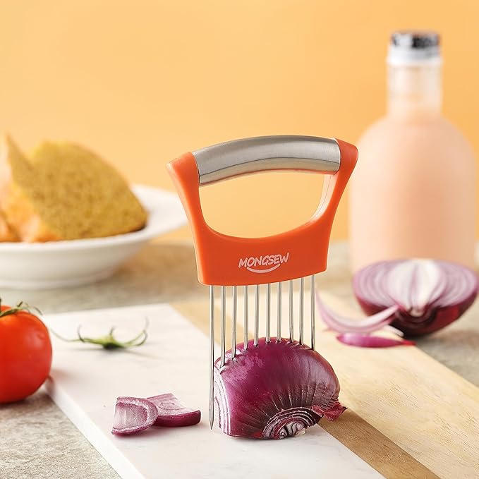 Onion Slicer Holder, MONGSEW Stainless Steel Onion Cutter for Slicing and Storage of Onions, Avocados, Eggs, Dishwasher Safe, Protective Cover Included (Stylish Orange)