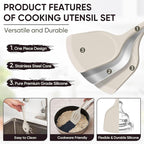 Herogo Silicone Cooking Utensils Set, 7-Piece Kitchen Utensils Set, Heat Resistant Cooking Gadget Tools Slotted Turner, Spoon, Soup Ladle, Pasta Server, Spatula, Tongs for Nonstick Cookware, Khaki