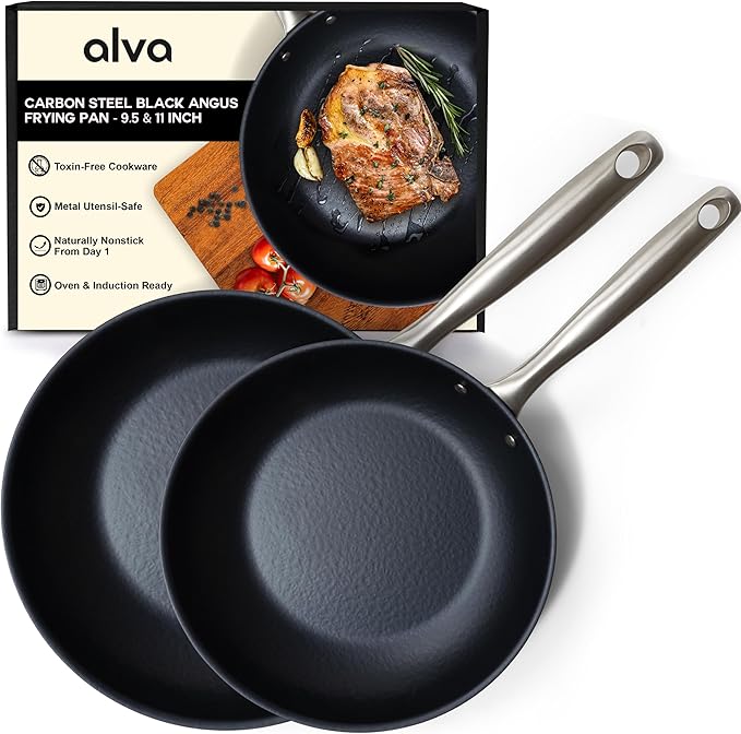 Alva Black Angus 9.5 & 11” Carbon Steel Frying Pan Set – Naturally Nonstick, PFAS-Free & Toxin-Free, Oven & Induction Safe, Chef-Grade Heat Control, Built to Last a Lifetime, Designed in Belgium