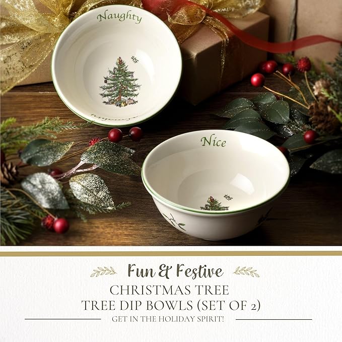 Spode Christmas Tree Dip Bowls - Set of 2, Naughty and Nice, 4-Inch Ceramic Serving Bowls for Holiday Dips, Snacks, Nibbles - Festive Tableware Christmas Tree Design - Dishwasher & Microwave Safe