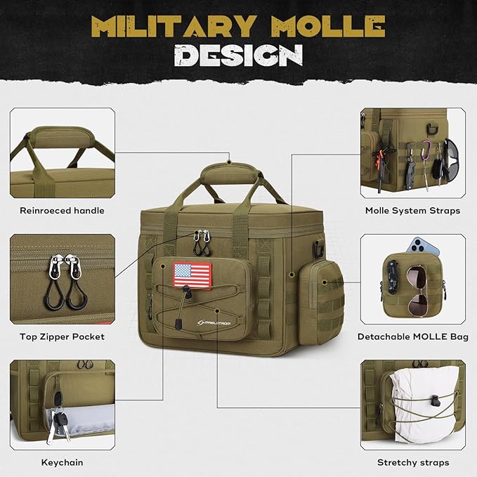 Maelstrom Large Tactical Lunch Box for Men,Insulated Lunch Bag, Leakproof Soft Cooler Bags with Detachable MOLLE Bag,Durable Lunch Tote for Adult Women Work,Picnic,30 Cans/20 L, Khaki