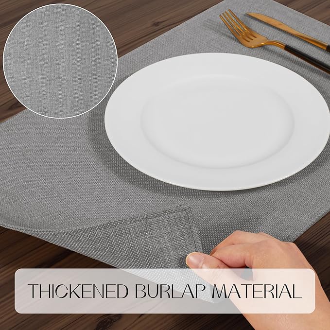 Romanstile Cloth Placemats Set of 8-12 x 18 Inch, Heat Resistant Double Layered Thickened Burlap Place Mats, Washable Faux Linen Farmhouse Table Mats for Kitchen/Dining/Party/Outdoor, Grey