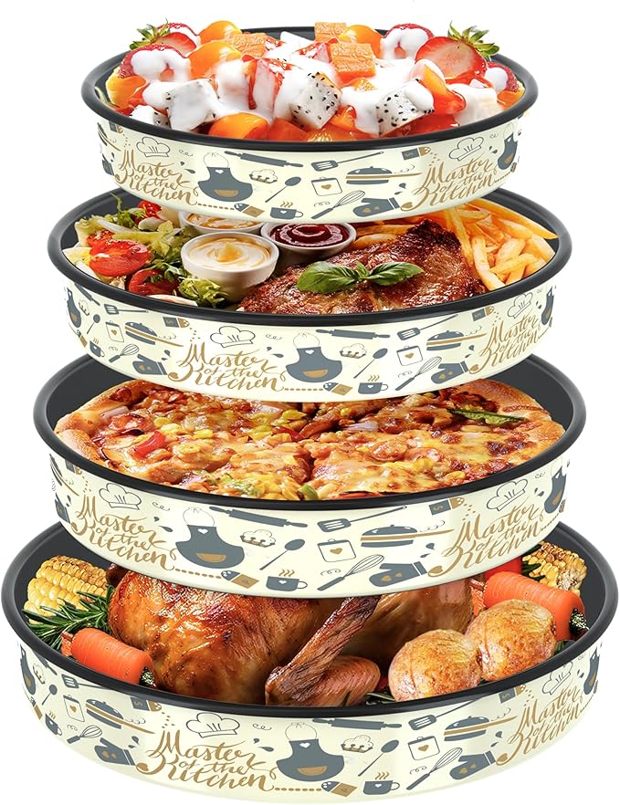 Round Baking Pan Set Roasting Dish 4-Pack 9/10/12/14 Inches Enamel Non Stick Large Cookware for Cake Bread Pie Pizza Turkey Steak, Non-Toxic Oven Dishwasher Safe Christmas Bakeware