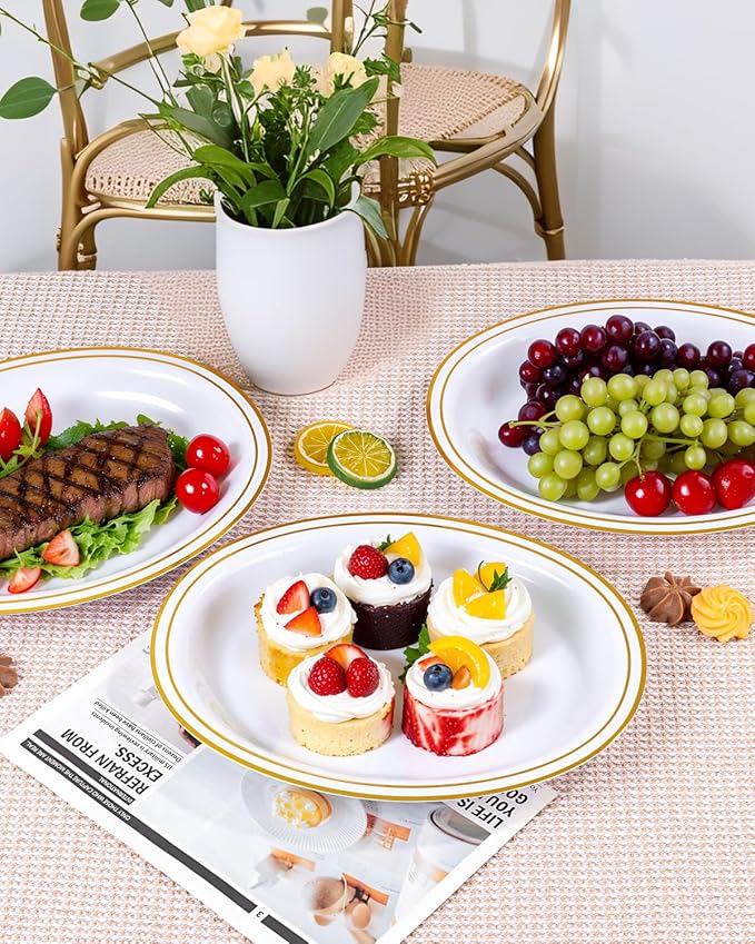 YOUBET 24PCS Oval Plastic Plates - 13 inch Super Strong White and Gold Disposable Platters, Heavy Duty Serving Trays for BBQ, Picnic, Party, Wedding, Thanksgiving
