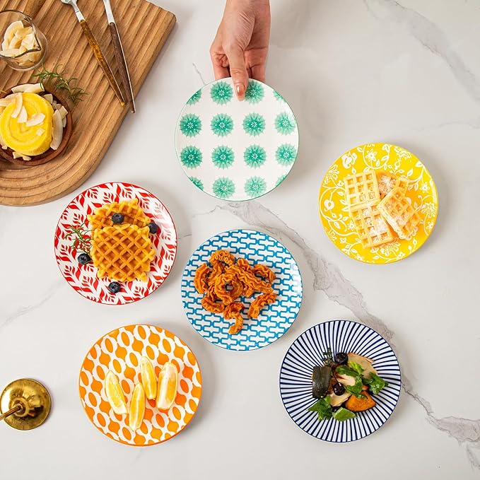 Ceramic Dessert Plates Set - 6 Inch Small Appetizer Plates for Kitchen - Salad Plate for Cake Snacks Side Dish, Microwave Dishwasher Safe, Gift, Assorted Colors