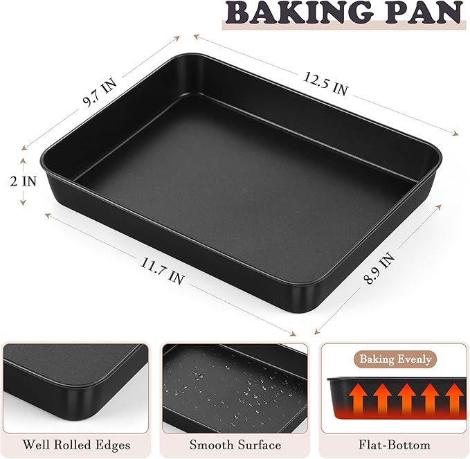 E-far 12.5 x 9.7 Inch Baking Pan, Nonstick Stainless Steel Rectangle Cake Pan for Baking Brownies Casseroles Lasagna, Stainless Steel Core & Nonstick Coating, Non-toxic & Oven Safe