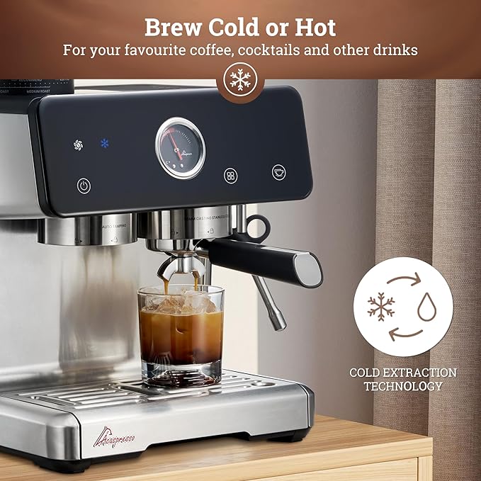Auto Distribute & Tamp Espresso Machine with Grinder, Barista Coffee Machine with Cold Brew, Milk Frother for Latte, Cappuccino Machine for Home, Easy 2-Step Espresso Brewing for Beginner