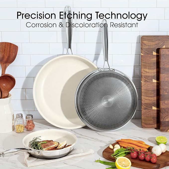 Nonstick Frying Pan Set – 8"10"12" Titanium Ceramic Skillet with Lid, Stay-Cool Handle,PFAS, PTFE, PFOA-Free, Non-Toxic, Dishwasher & Oven Safe, Compatible with All Cooktops,Cream White