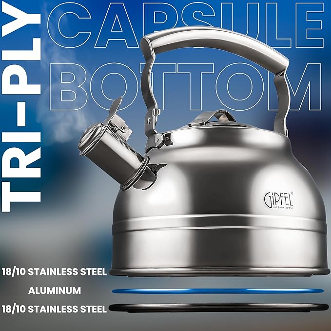GIPFEL INTERNATIONAL Whistling Tea Kettle Stovetop - Food Grade Stainless Steel Teapot for Stove Top with Ergonomic Handle for Gas, Induction, Electric Stovetops 2.3 Quart