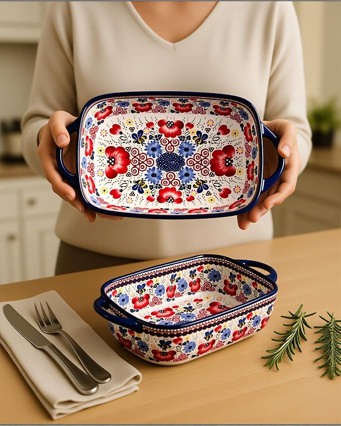 Ceramic Baking Dish Set of 2 – Decorative Polish Pottery Style Casserole Dishes with Handles, Cute Oven-Safe Lasagna Bakeware Gift Set