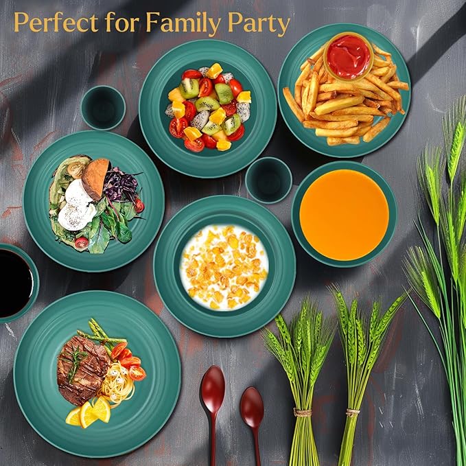 Wheat straw plates and bowls set of 16 - Unbreakable wheat straw dinnerware sets for kids - Alternative plastic dinnerware set service for 4 - Microwave safe and Dishwasher safe bowls. Green