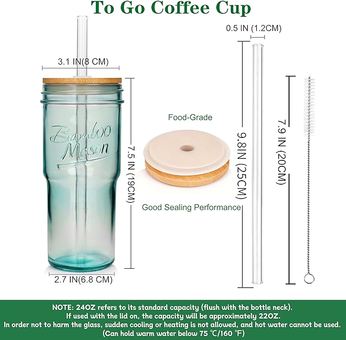 ANOTION Colored Glass Cups with Lids and Straws - 24oz Travel Coffee Mug Wide Mouth Mason Jar Iced Coffee Cup Smoothie Cup Glass Tumbler Tea Cup Clear Cute Water Cups Colorful Drinking Glasses